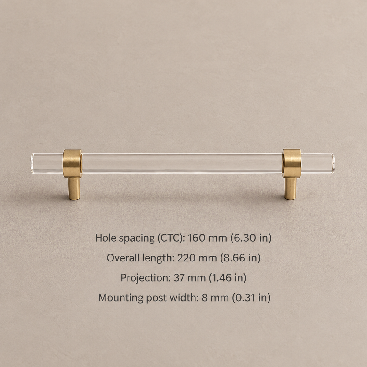 Clear acrylic cabinet hardware — brass 160mm pull — dimensions in millimetres and inches