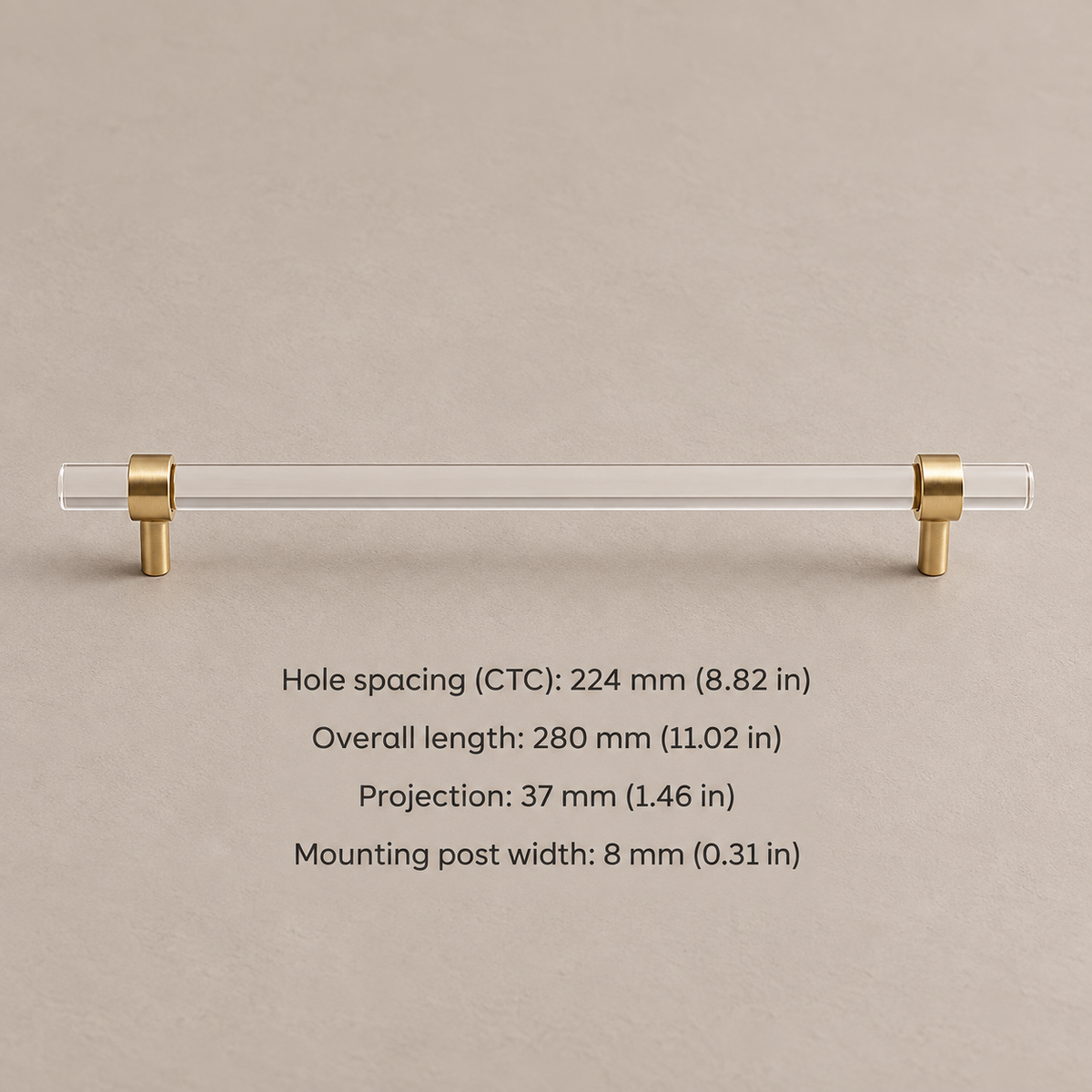 Clear acrylic cabinet hardware — brass 224mm pull — dimensions in millimetres and inches