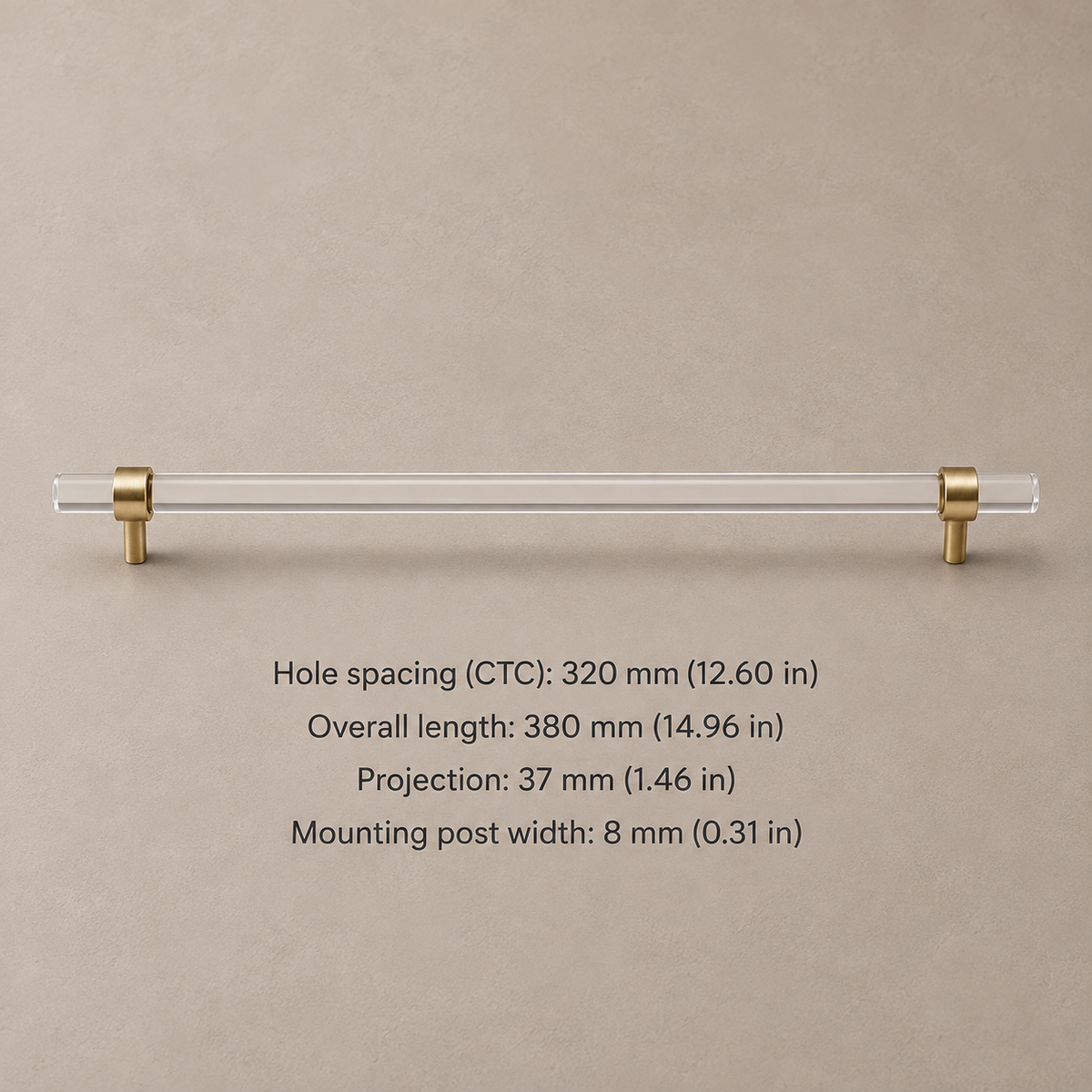 Clear acrylic cabinet hardware — brass 320mm pull — dimensions in millimetres and inches