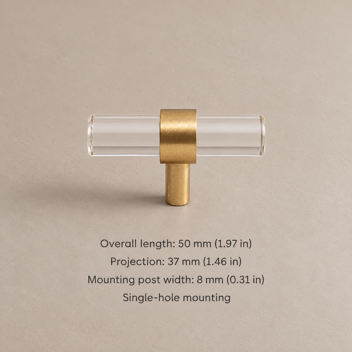 Clear acrylic cabinet hardware — brass 50mm t knob — dimensions in millimetres and inches