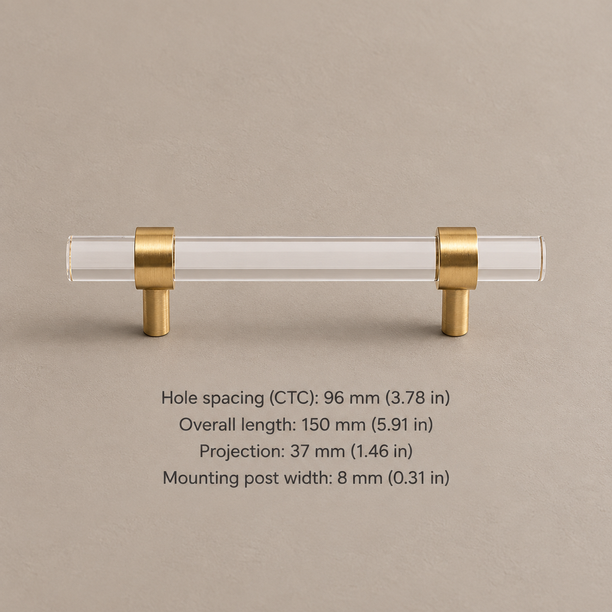 Clear acrylic cabinet hardware — brass 96mm pull — dimensions in millimetres and inches
