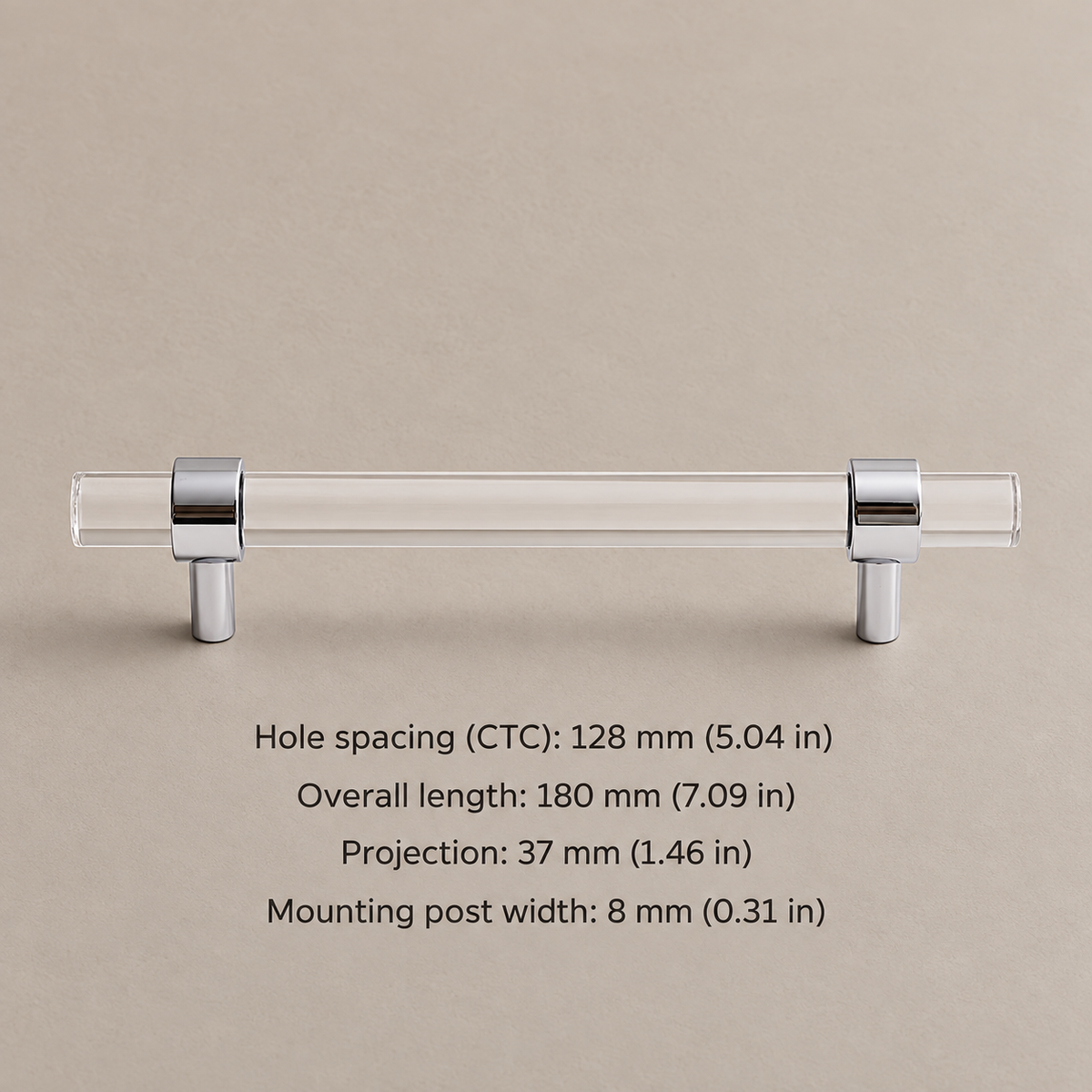 Clear acrylic cabinet hardware — chrome 128mm pull — dimensions in millimetres and inches
