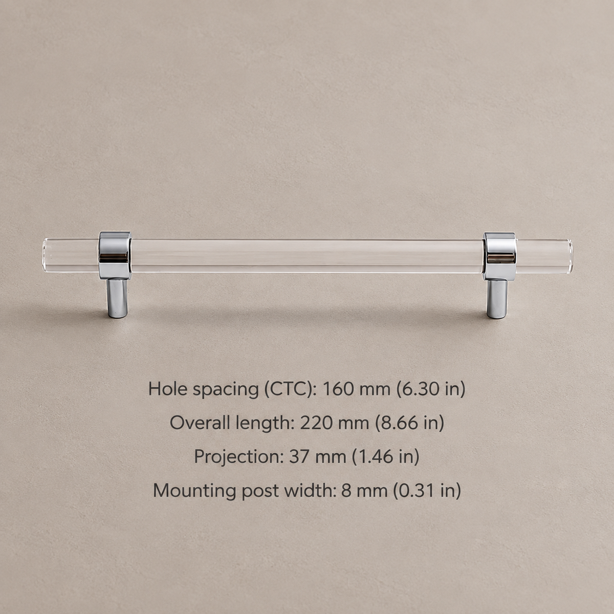 Clear acrylic cabinet hardware — chrome 160mm pull — dimensions in millimetres and inches