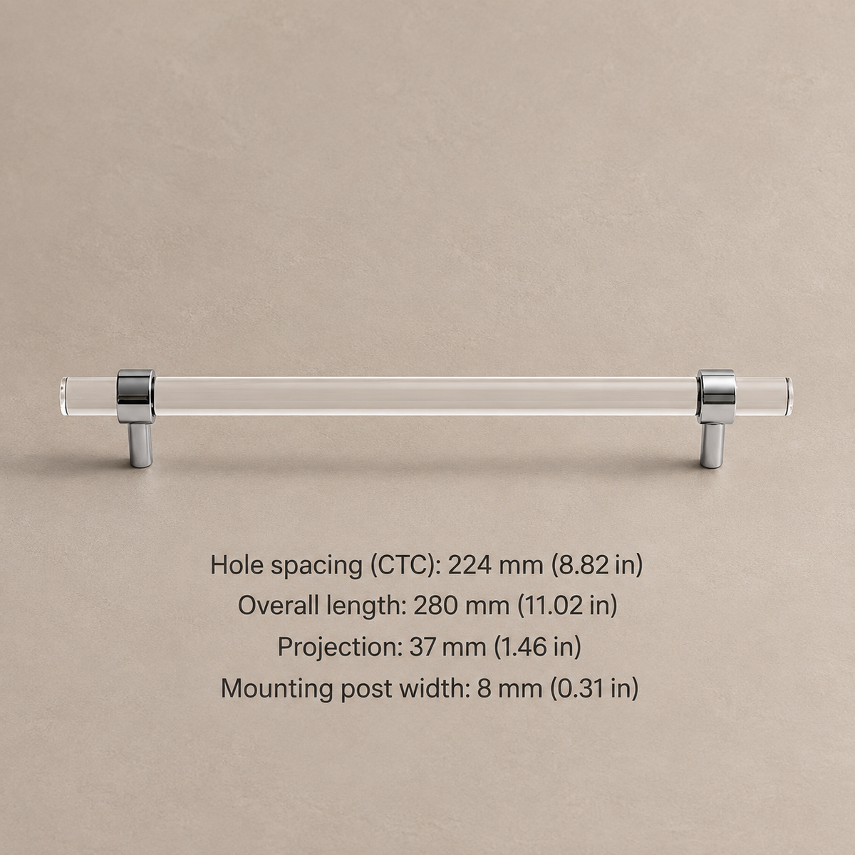 Clear acrylic cabinet hardware — chrome 224mm pull — dimensions in millimetres and inches