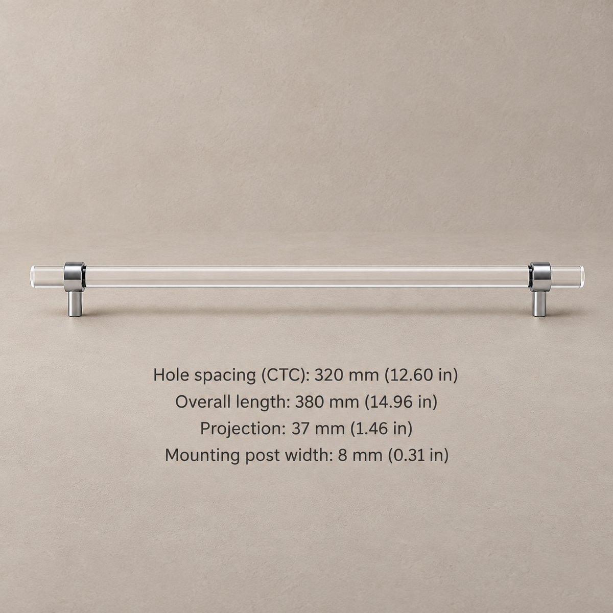 Clear acrylic cabinet hardware — chrome 320mm pull — dimensions in millimetres and inches
