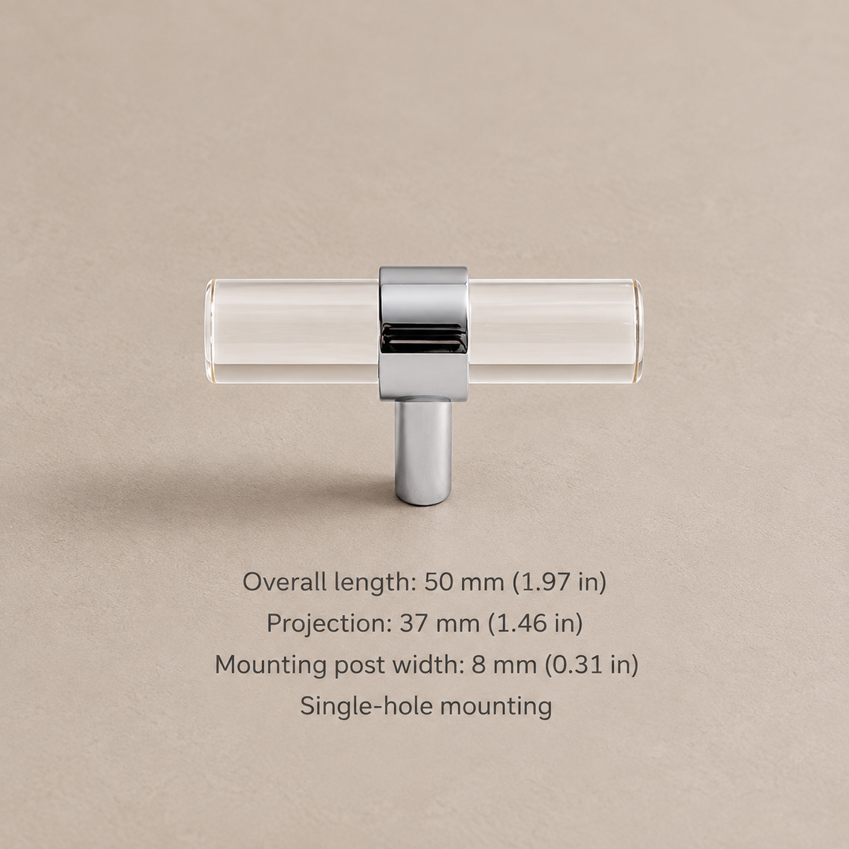 Clear acrylic cabinet hardware — chrome 50mm t knob — dimensions in millimetres and inches