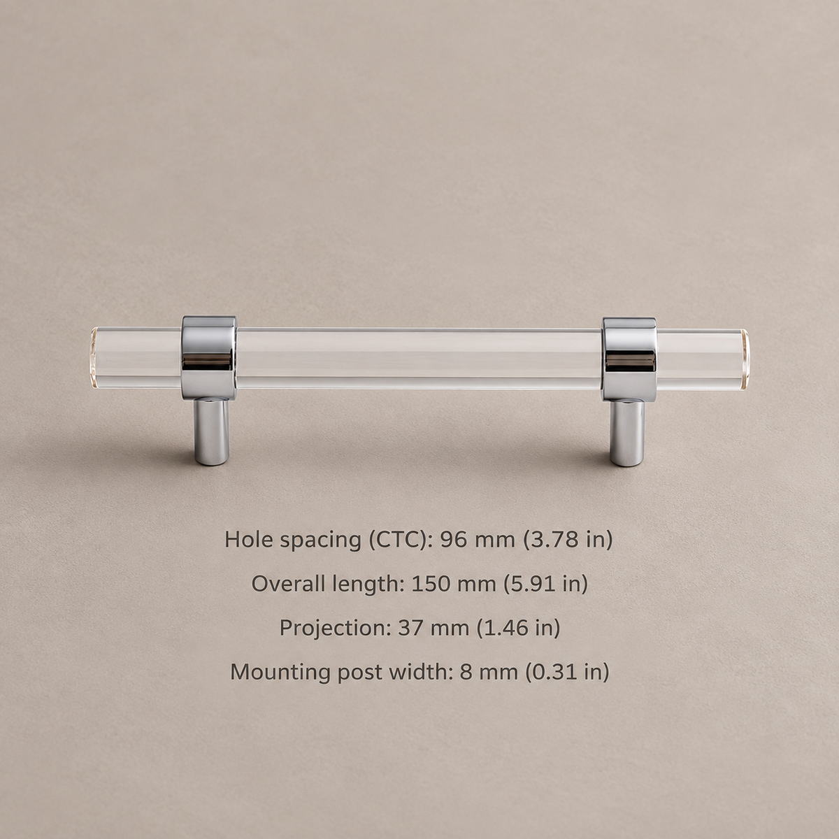 Clear acrylic cabinet hardware — chrome 96mm pull — dimensions in millimetres and inches