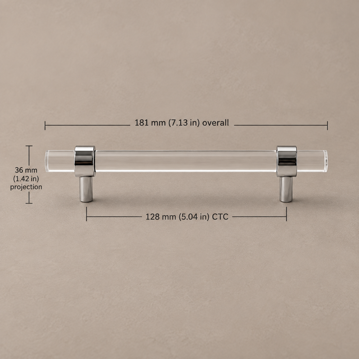 Clear Acrylic & Polished Brass Cabinet Pulls — Modern Minimalist Design — clear-acrylic-chrome-128mm-ctc