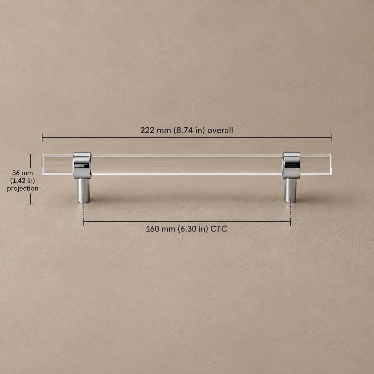Clear Acrylic & Polished Brass Cabinet Pulls — Modern Minimalist Design — clear-acrylic-chrome-160mm-ctc