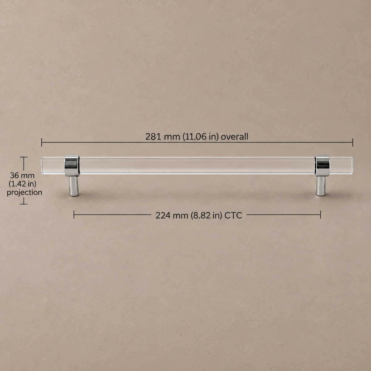 Clear Acrylic & Polished Brass Cabinet Pulls — Modern Minimalist Design — clear-acrylic-chrome-224mm-ctc