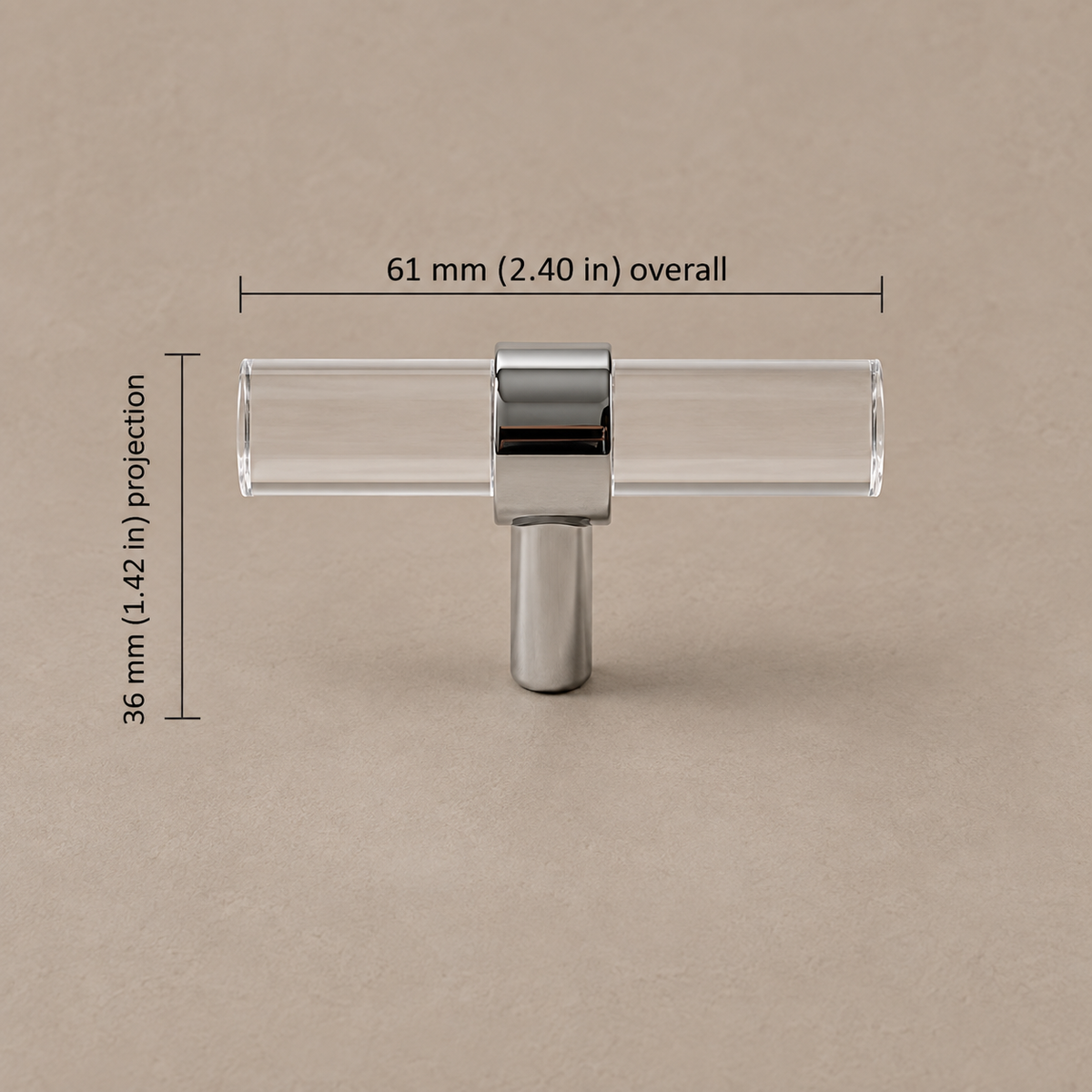 Clear Acrylic & Polished Brass Cabinet Pulls — Modern Minimalist Design — clear-acrylic-chrome-61mm-t-knob