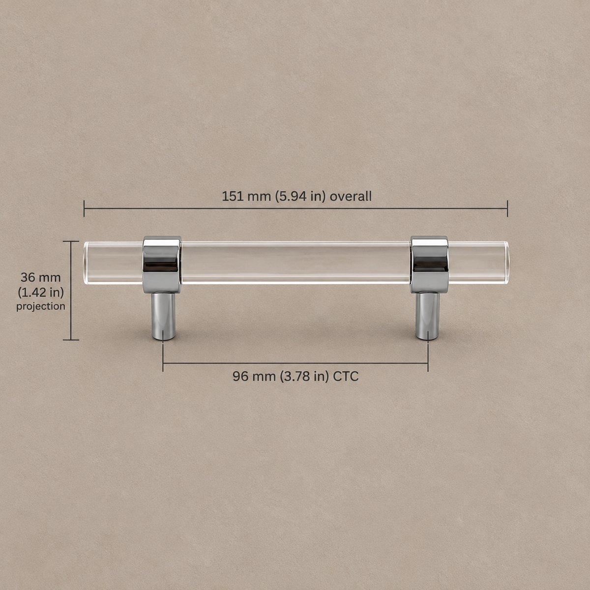 Clear Acrylic & Polished Brass Cabinet Pulls — Modern Minimalist Design — clear-acrylic-chrome-96mm-ctc