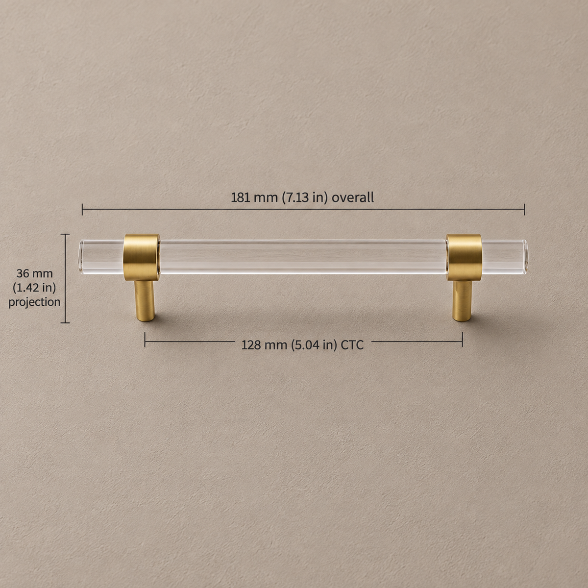 Clear Acrylic & Polished Brass Cabinet Pulls — Modern Minimalist Design — clear-acrylic-gold-128mm-ctc