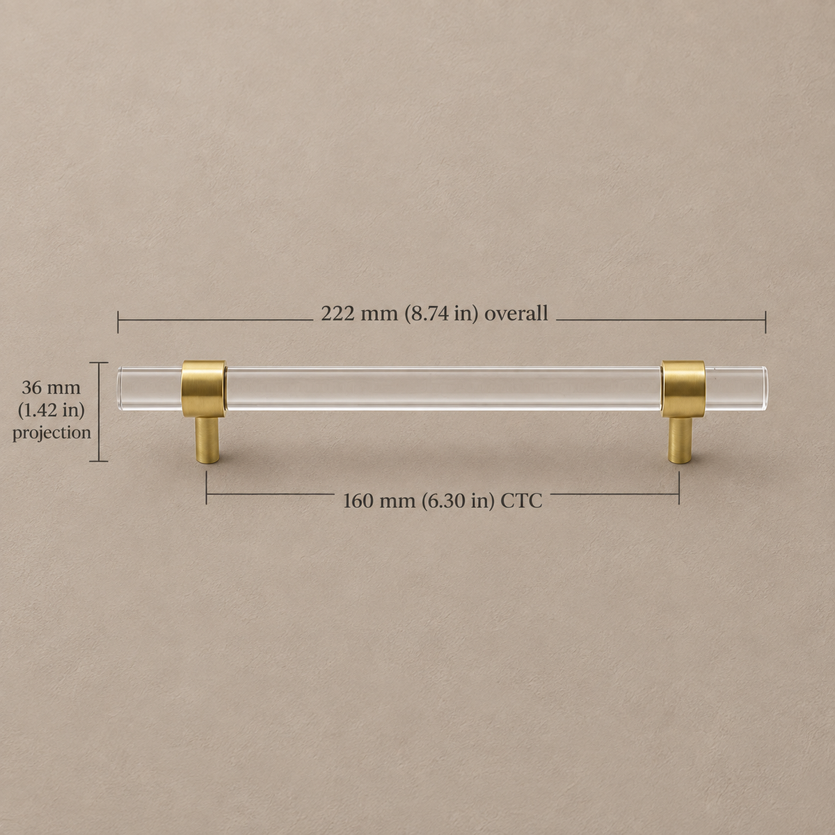 Clear Acrylic & Polished Brass Cabinet Pulls — Modern Minimalist Design — clear-acrylic-gold-160mm-ctc