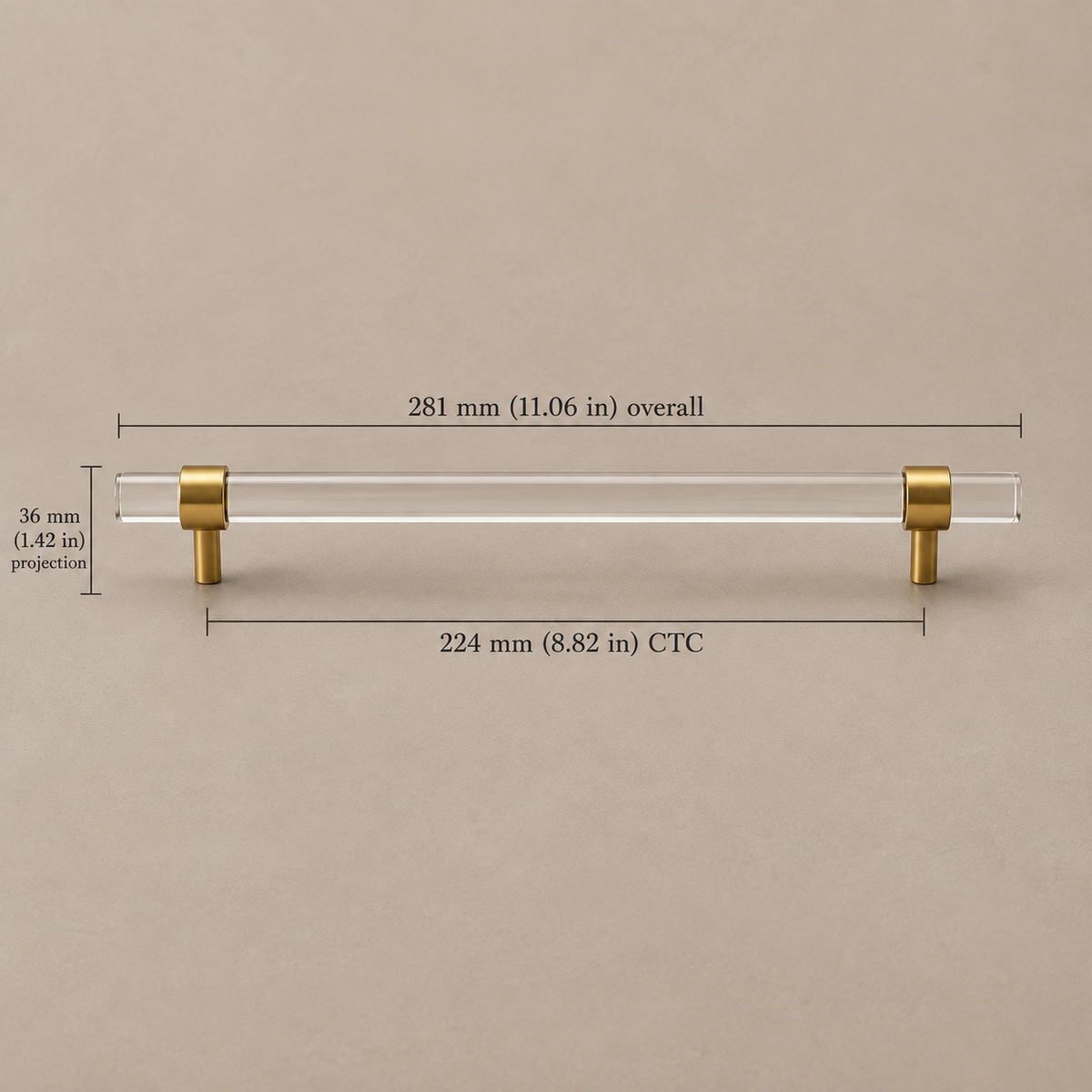 Clear Acrylic & Polished Brass Cabinet Pulls — Modern Minimalist Design — clear-acrylic-gold-224mm-ctc