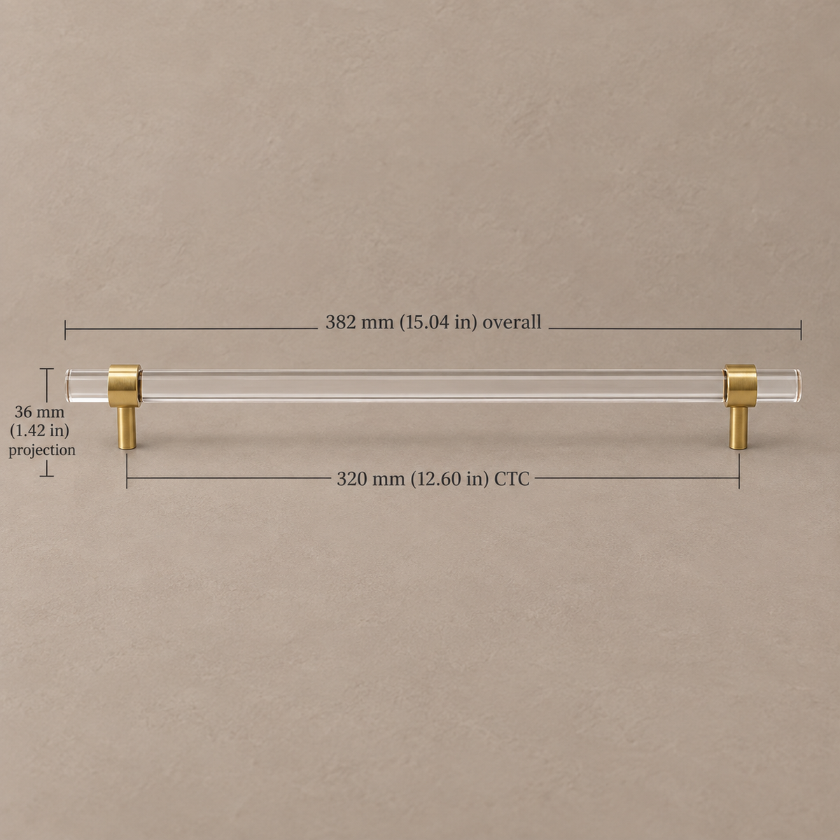 Clear Acrylic & Polished Brass Cabinet Pulls — Modern Minimalist Design — clear-acrylic-gold-320mm-ctc