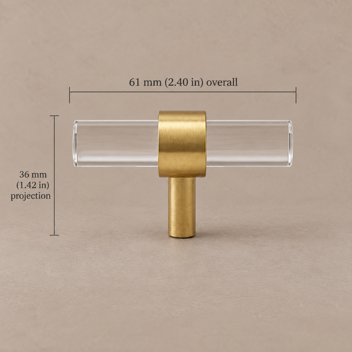 Clear Acrylic & Polished Brass Cabinet Pulls — Modern Minimalist Design — clear-acrylic-gold-61mm-t-knob