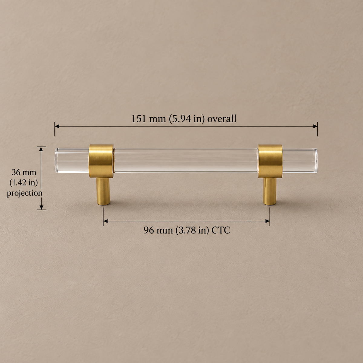 Clear Acrylic & Polished Brass Cabinet Pulls — Modern Minimalist Design — clear-acrylic-gold-96mm-ctc