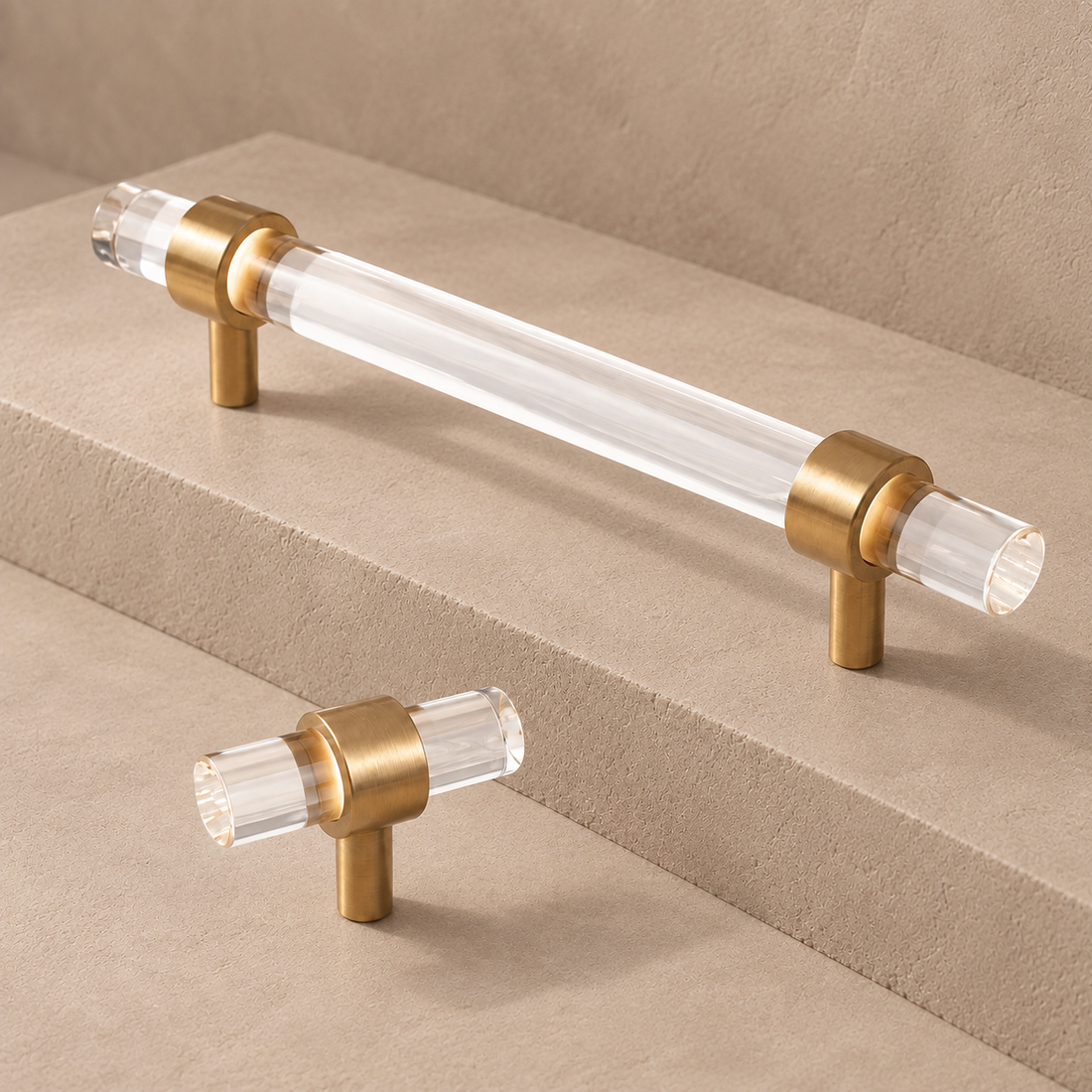 Clear Acrylic Cabinet Pull & T-Knob — Brushed Brass or Chrome on a deep olive studio background