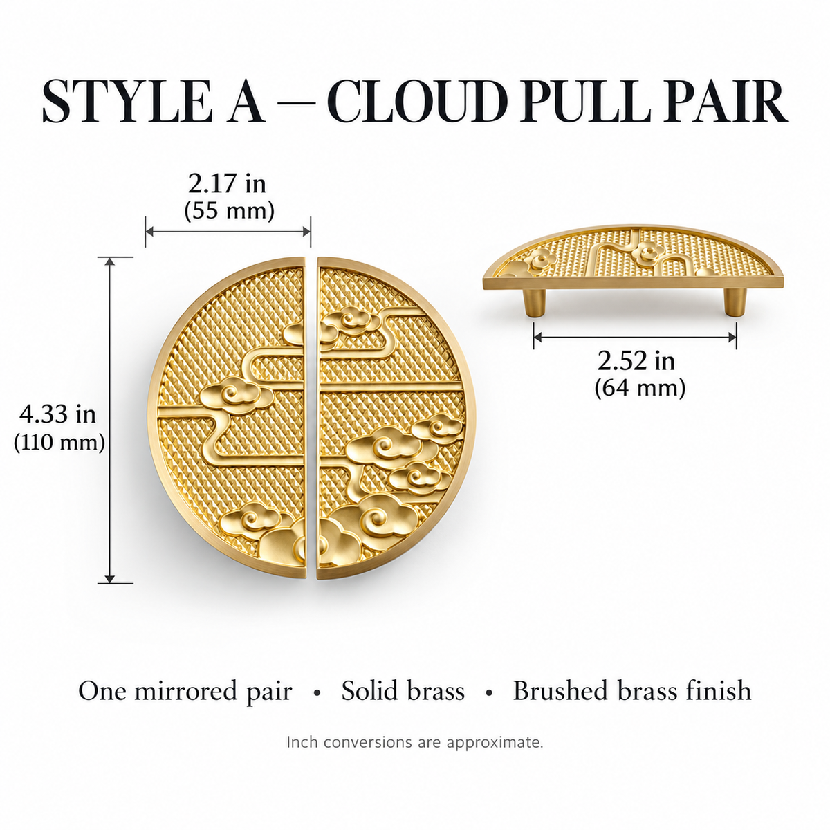 Style A cloud pull pair: 64 mm mounting centers, 110 mm height, 55 mm half width, inches and millimeters