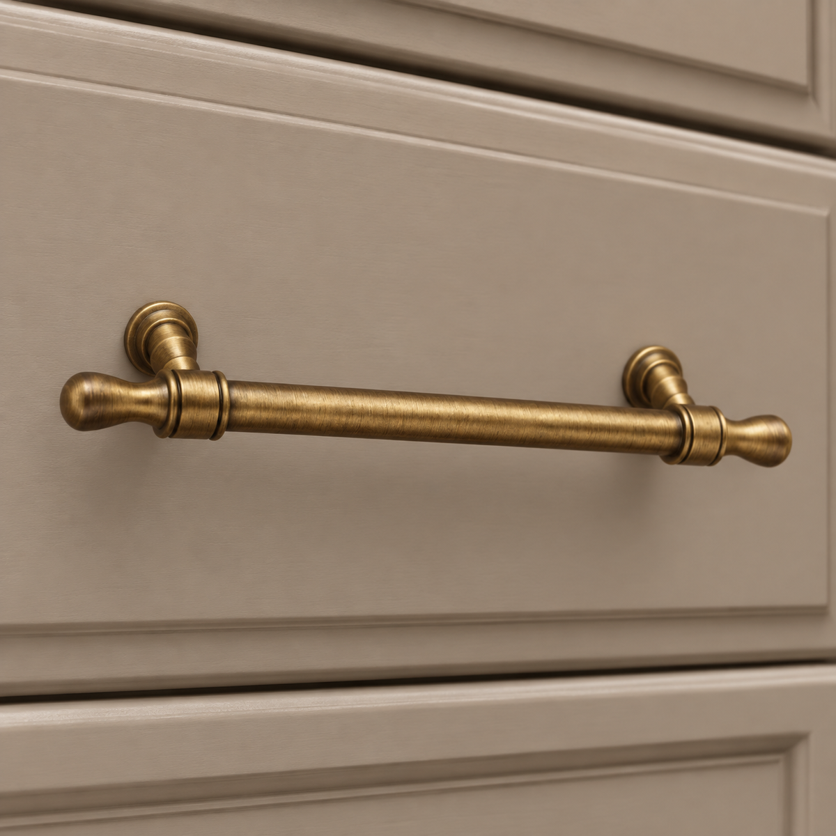 Collared Bar Cabinet Pull & Knob — Antique Bronze — installed