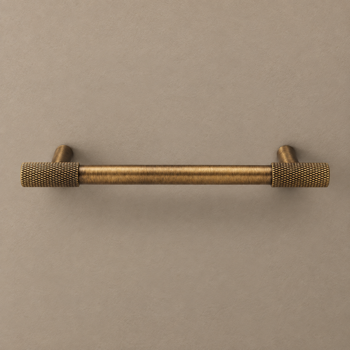 Solid Brass Cross Knurled Cabinet Pulls & Knobs — Antique Brass Finish — installed