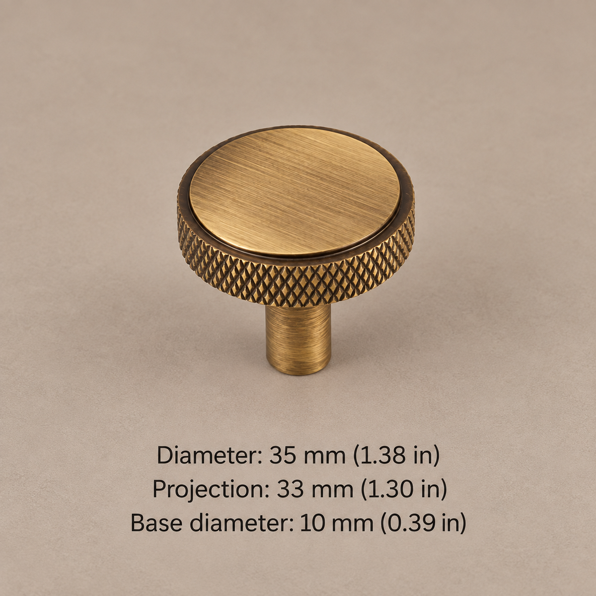 Solid Brass Cross Knurled Cabinet Pulls & Knobs — Antique Brass Finish — knob-35