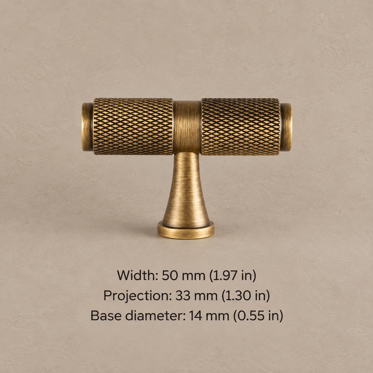 Solid Brass Cross Knurled Cabinet Pulls & Knobs — Antique Brass Finish — t-knob-50