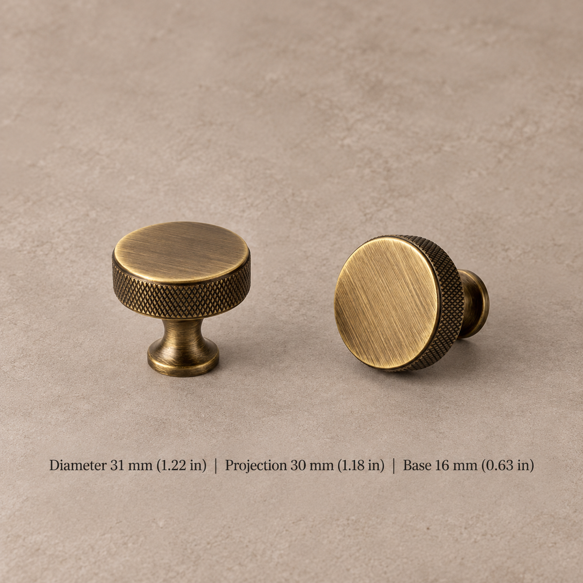 Solid Brushed Antique Brass Cabinet Pull & Knob - Cross Knurled Modern Design — knob-31