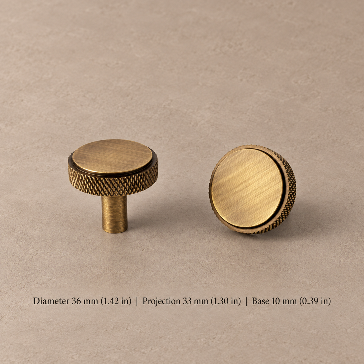 Solid Brushed Antique Brass Cabinet Pull & Knob - Cross Knurled Modern Design — knob-36