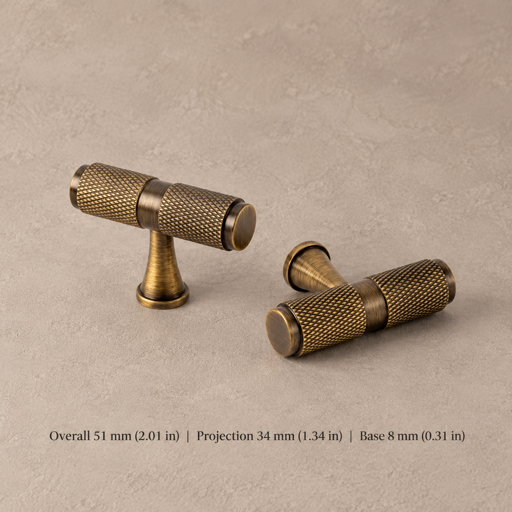 Solid Brushed Antique Brass Cabinet Pull & Knob - Cross Knurled Modern Design — t-knob-51