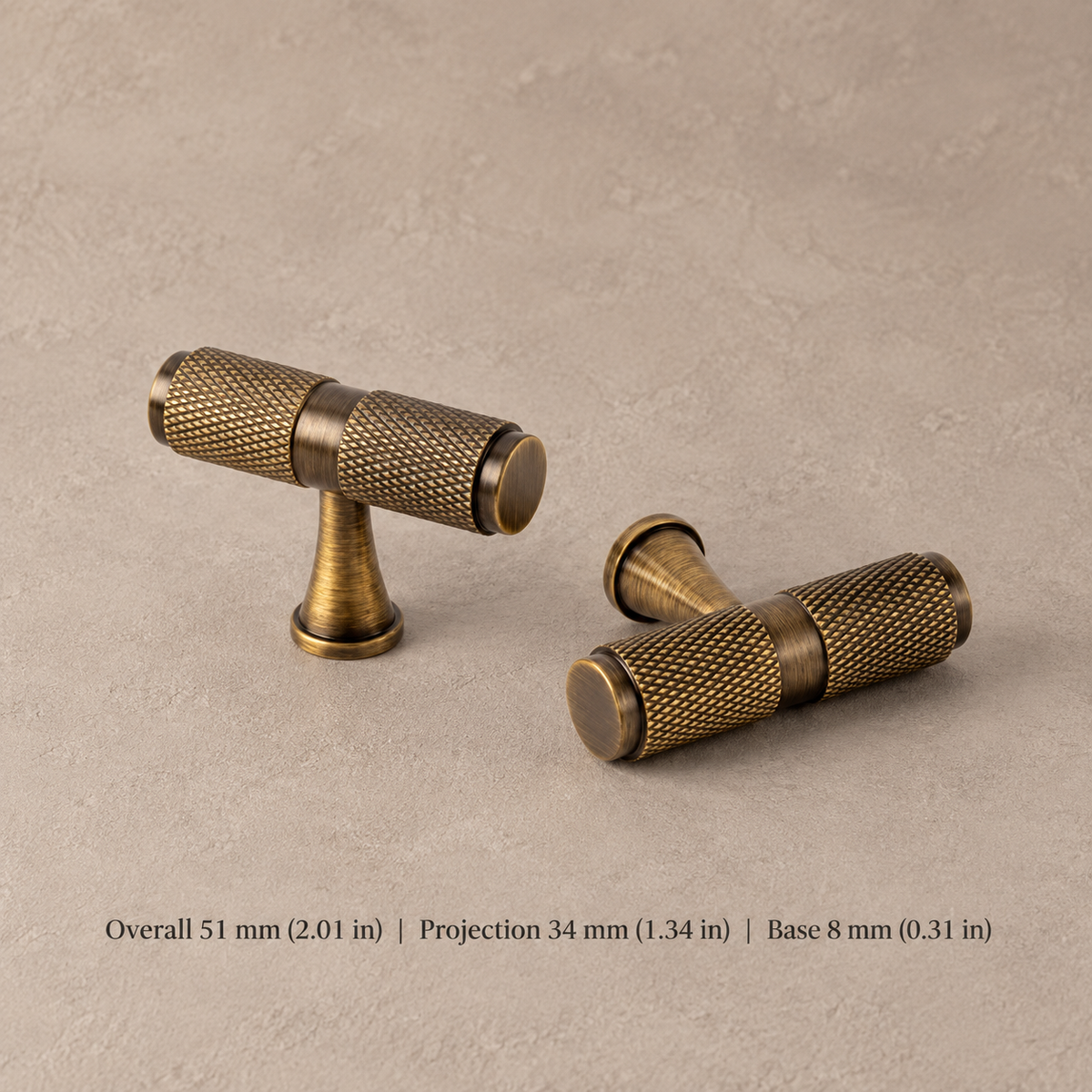 Solid Brushed Antique Brass Cabinet Pull & Knob - Cross Knurled Modern Design — t-knob-51
