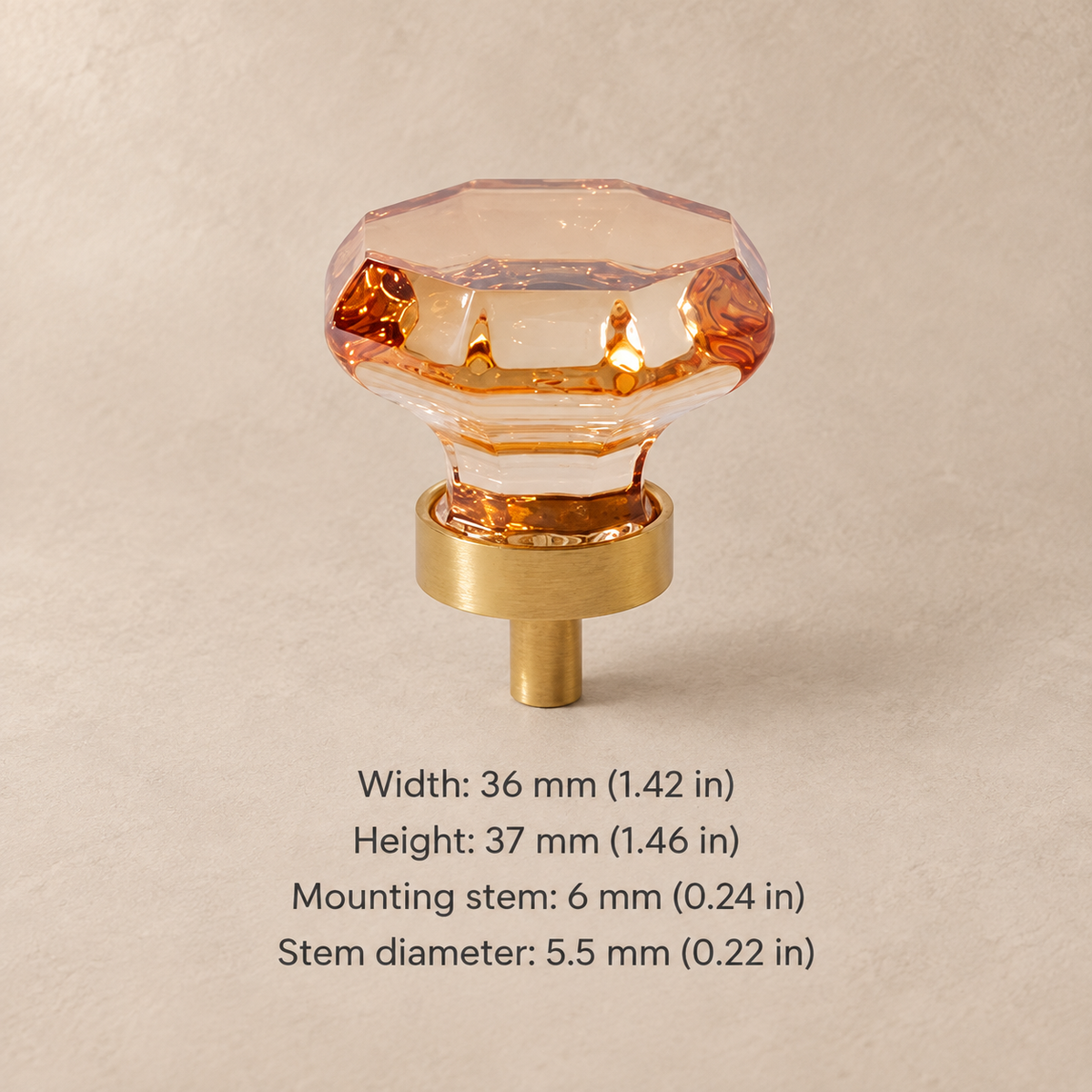 Crystal brass cabinet knob — amber faceted — measurements in millimetres and inches