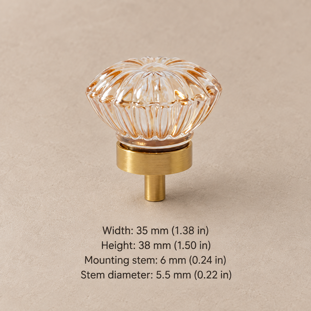 Crystal brass cabinet knob — amber flower dome — measurements in millimetres and inches