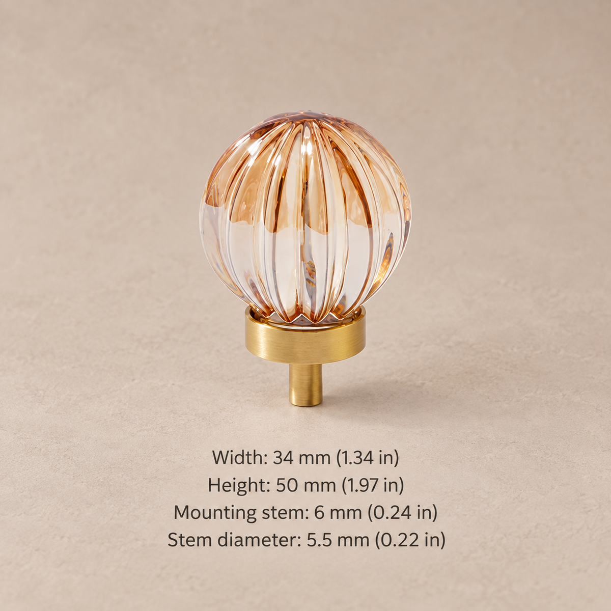 Crystal brass cabinet knob — amber fluted — measurements in millimetres and inches