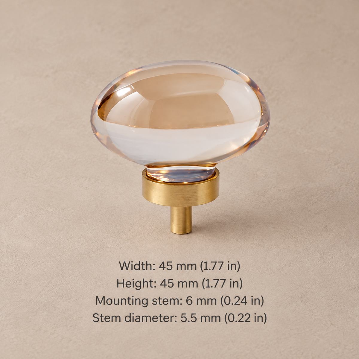 Crystal brass cabinet knob — amber oval — measurements in millimetres and inches