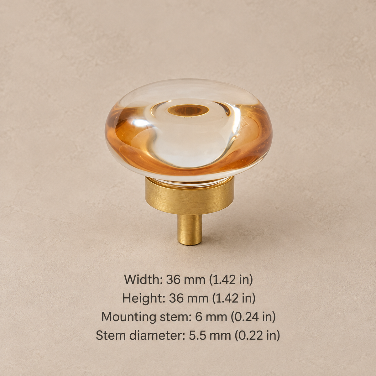 Crystal brass cabinet knob — amber round — measurements in millimetres and inches
