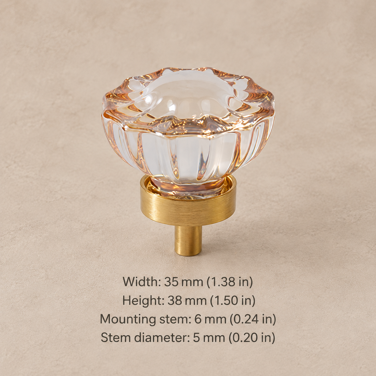 Crystal brass cabinet knob — amber scalloped — measurements in millimetres and inches