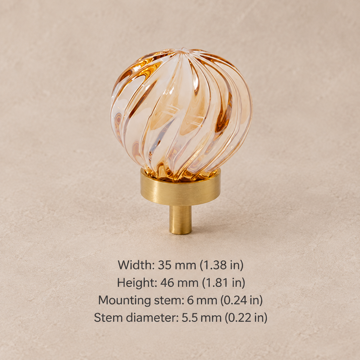 Crystal brass cabinet knob — amber spiral — measurements in millimetres and inches