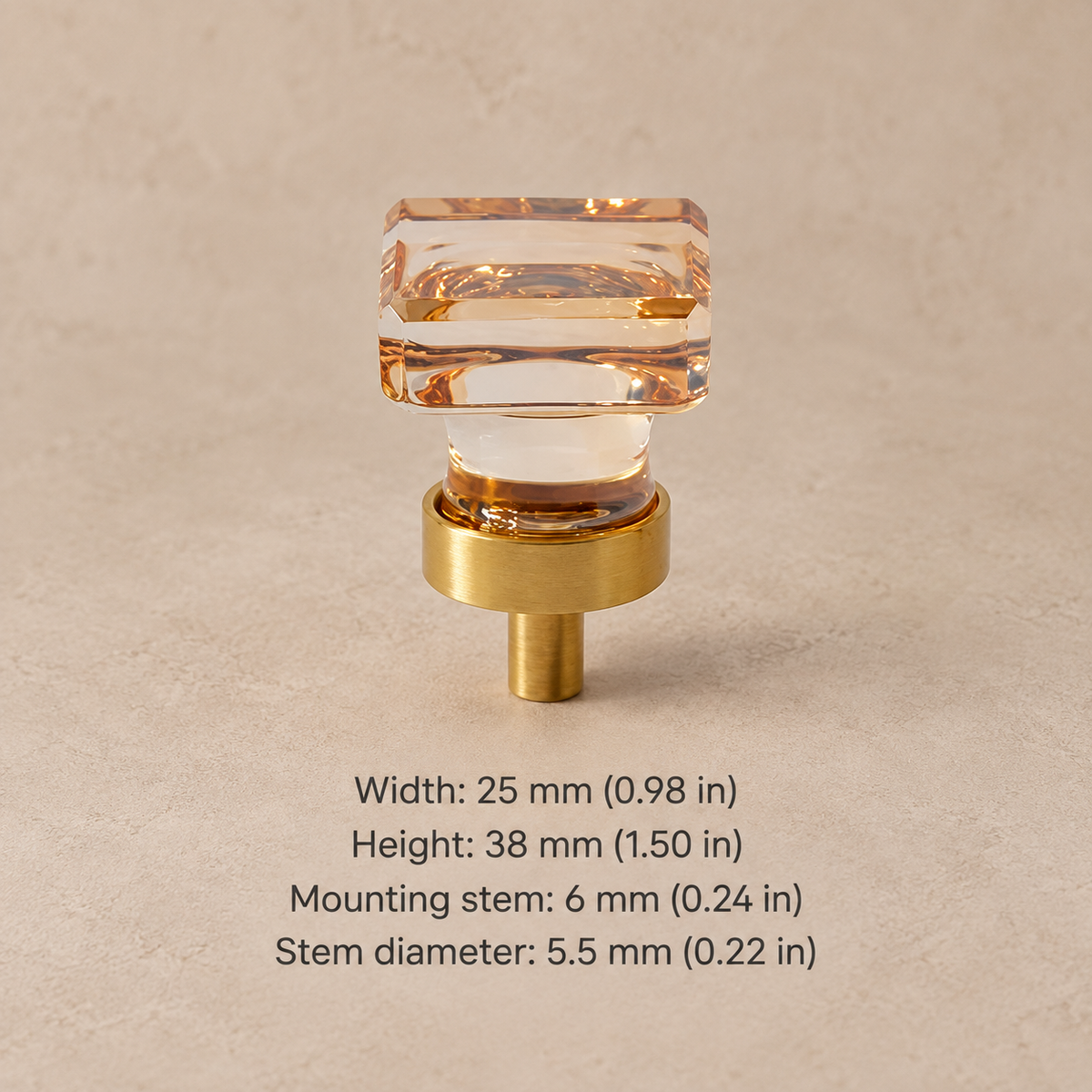 Crystal brass cabinet knob — amber square — measurements in millimetres and inches
