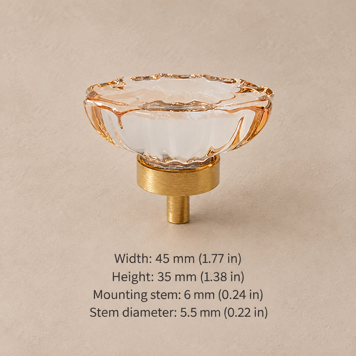 Crystal brass cabinet knob — amber wide scalloped — measurements in millimetres and inches