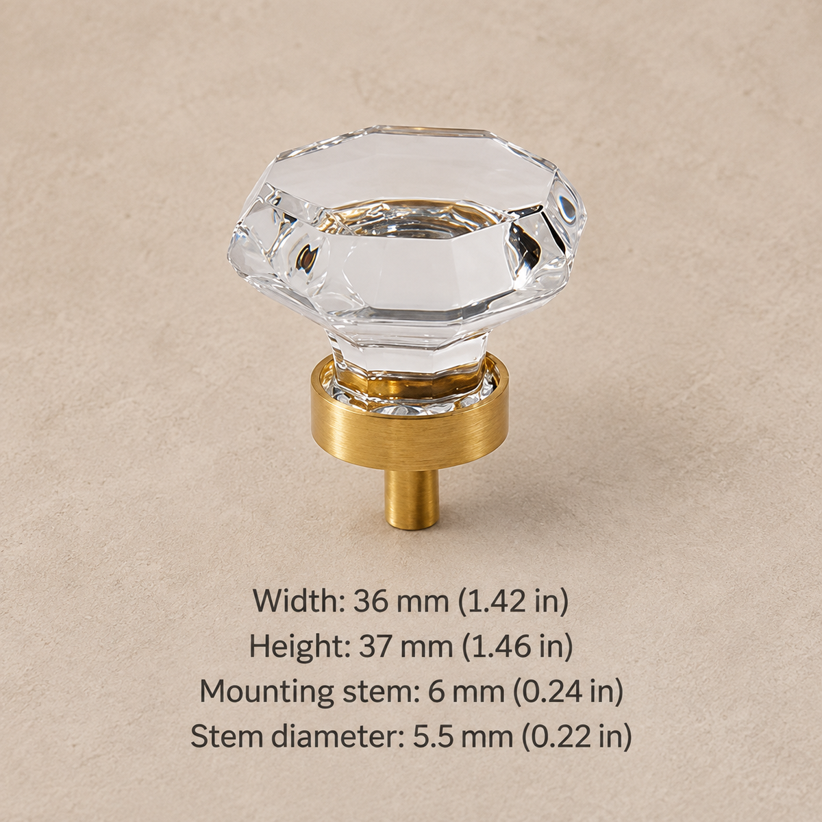 Crystal brass cabinet knob — clear faceted — measurements in millimetres and inches