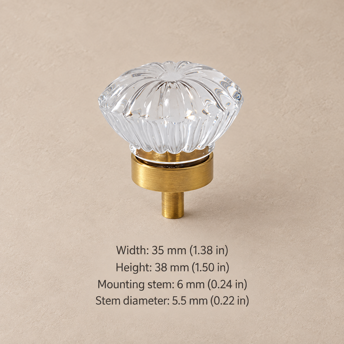 Crystal brass cabinet knob — clear flower dome — measurements in millimetres and inches