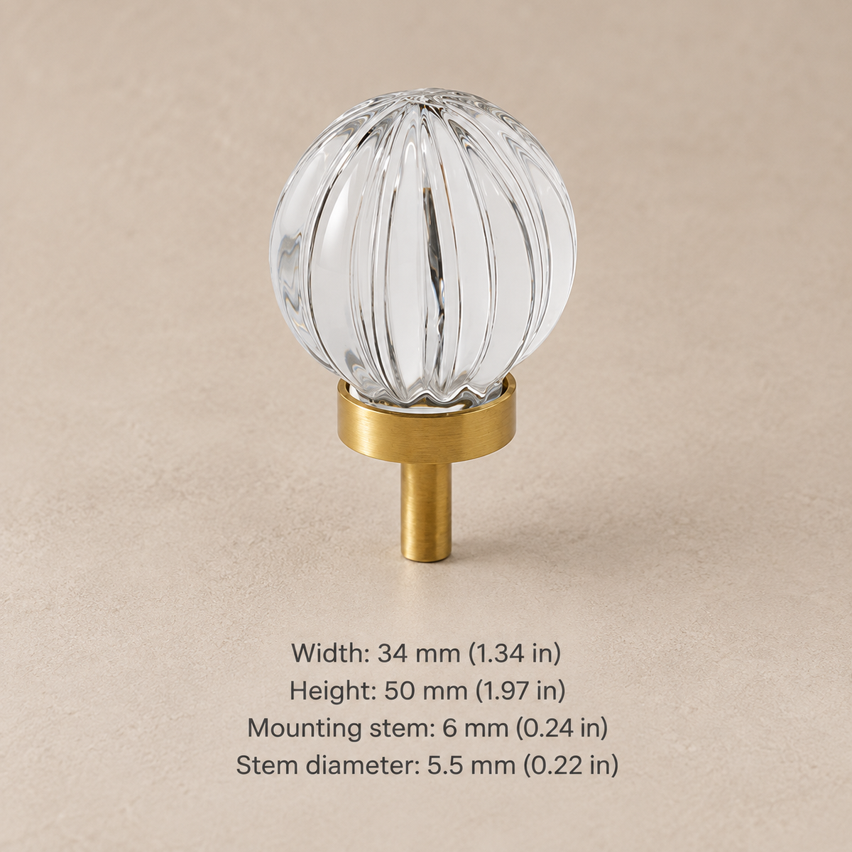 Crystal brass cabinet knob — clear fluted — measurements in millimetres and inches
