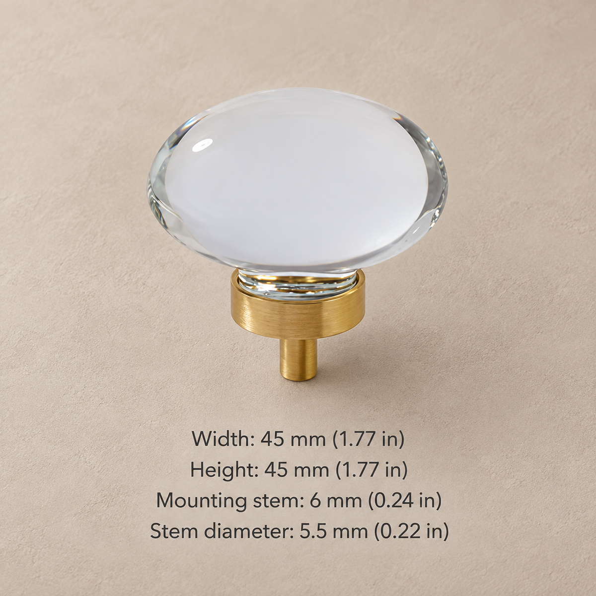 Crystal brass cabinet knob — clear oval — measurements in millimetres and inches