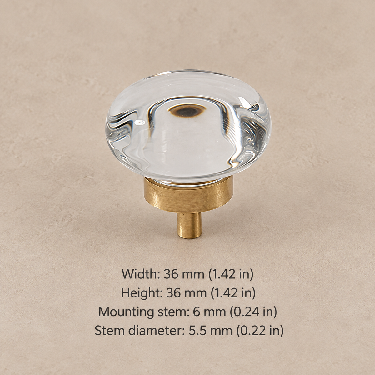 Crystal brass cabinet knob — clear round — measurements in millimetres and inches