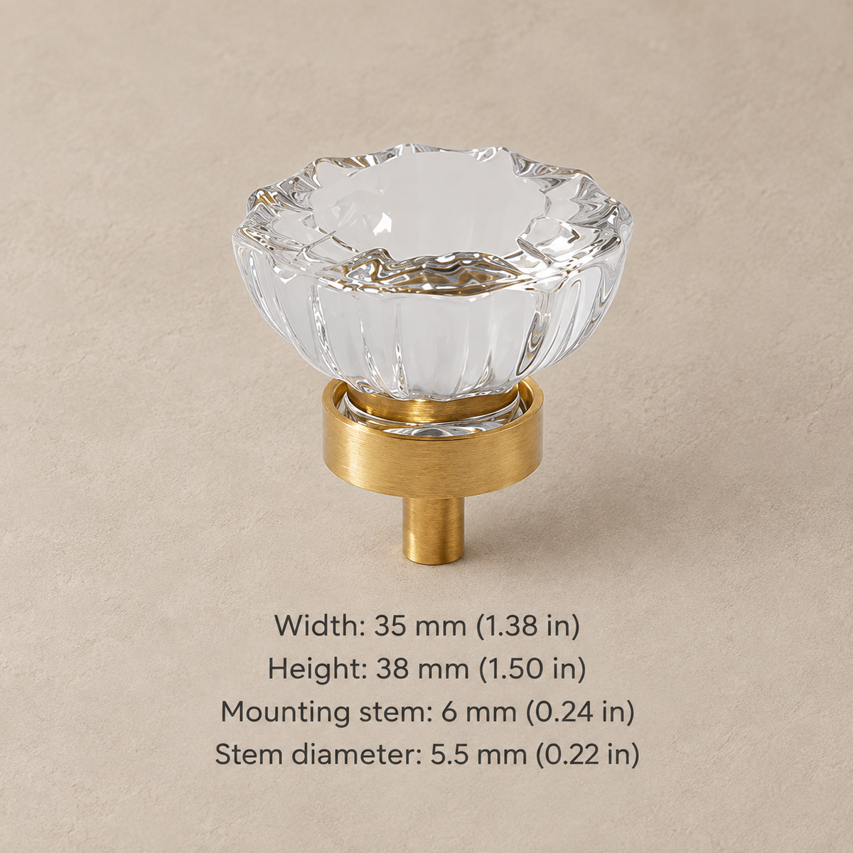 Crystal brass cabinet knob — clear scalloped — measurements in millimetres and inches