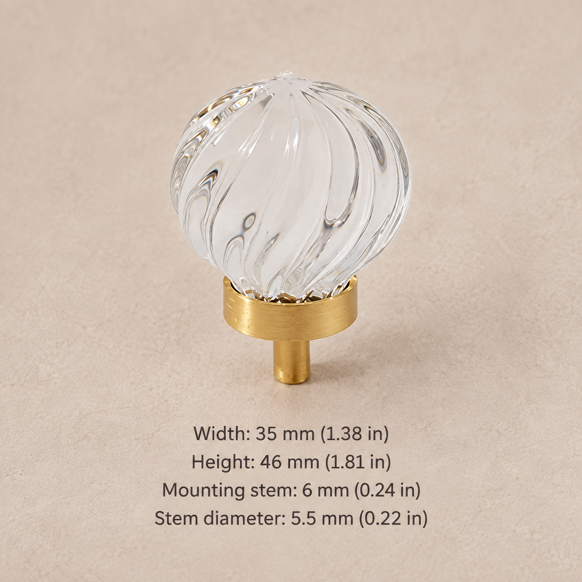 Crystal brass cabinet knob — clear spiral — measurements in millimetres and inches