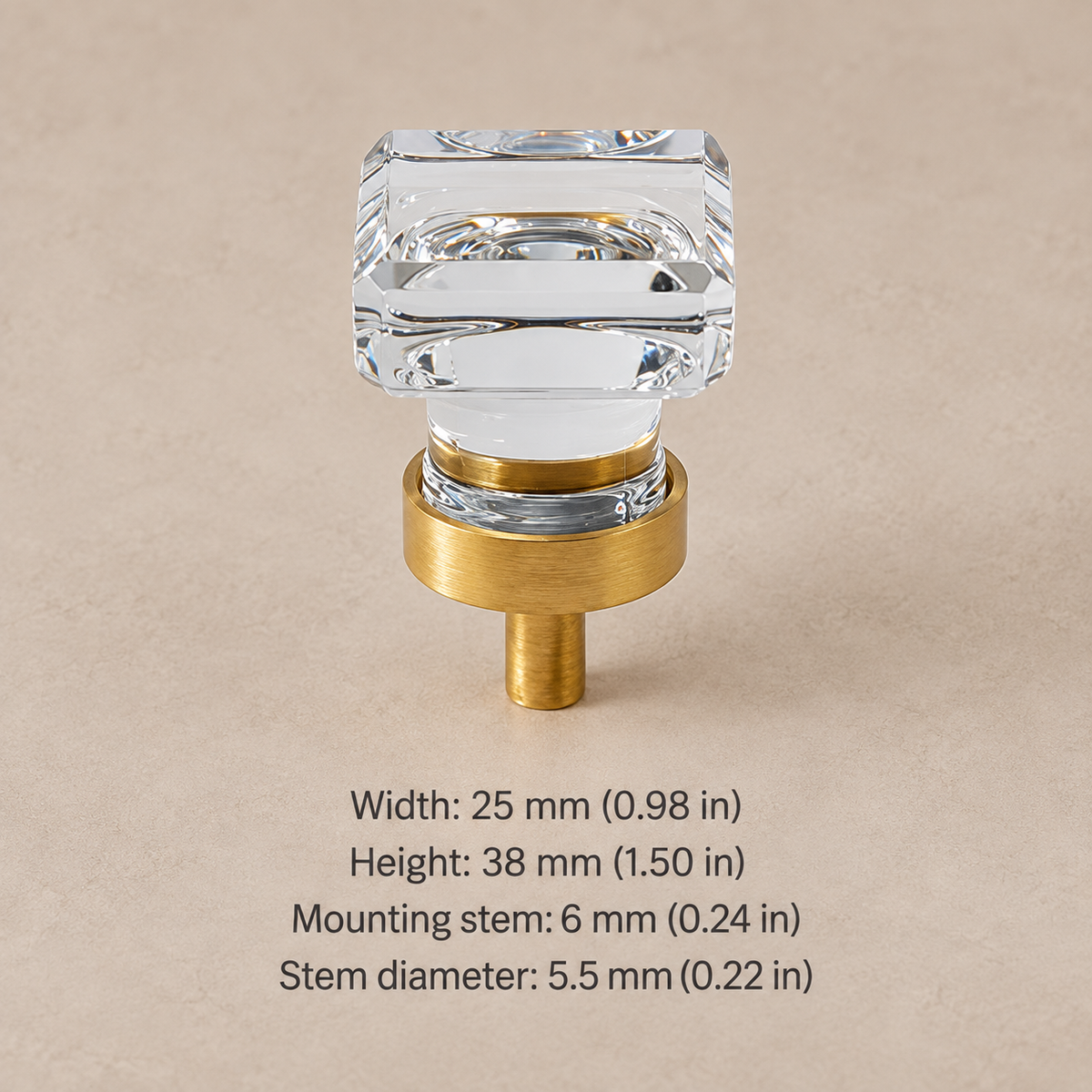 Crystal brass cabinet knob — clear square — measurements in millimetres and inches