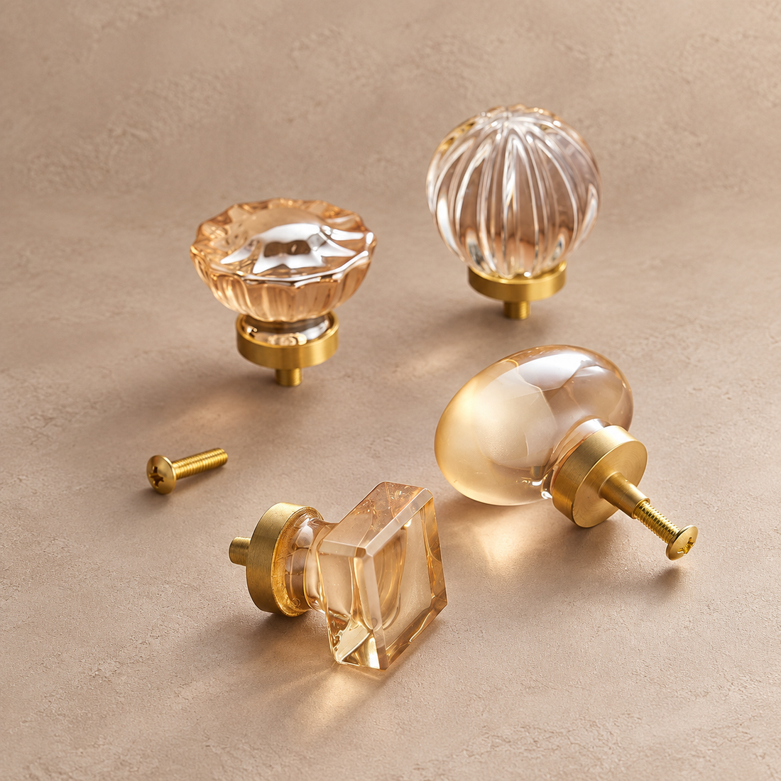 Crystal Brass Cabinet Knob — Clear Pigeon Egg Design on a deep olive studio background